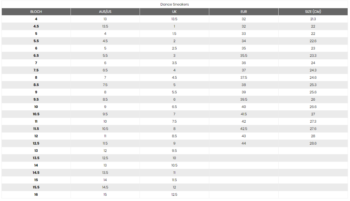 Bloch Shoe Width Chart