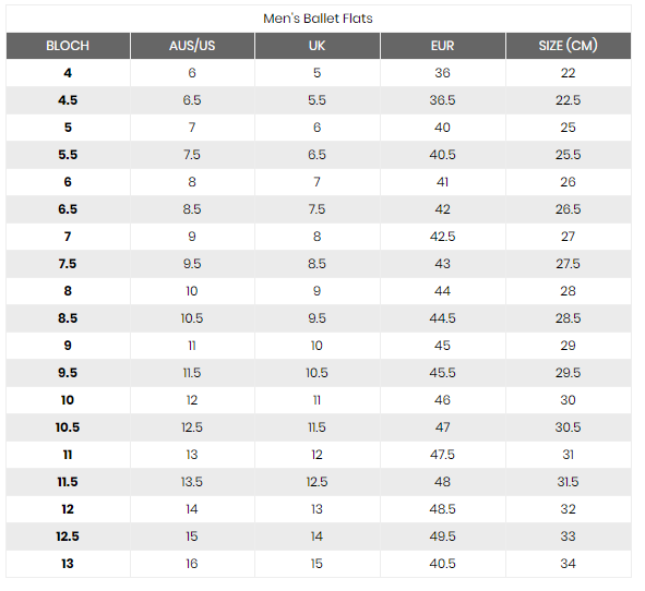 Bloch Shoe Width Chart