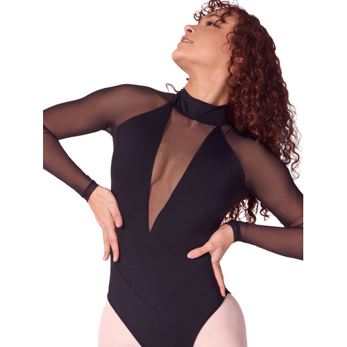 Capezio Soft Elegance Long Sleeve Mesh Leotard; Adult Large; Black